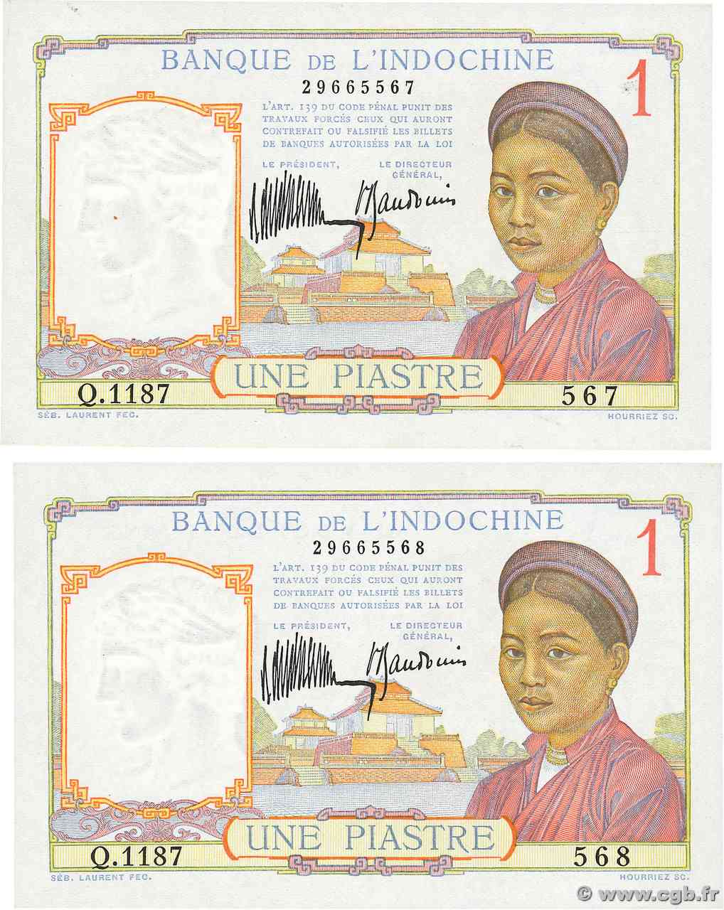 1 Piastre Consécutifs INDOCINA FRANCESE  1932 P.054a FDC