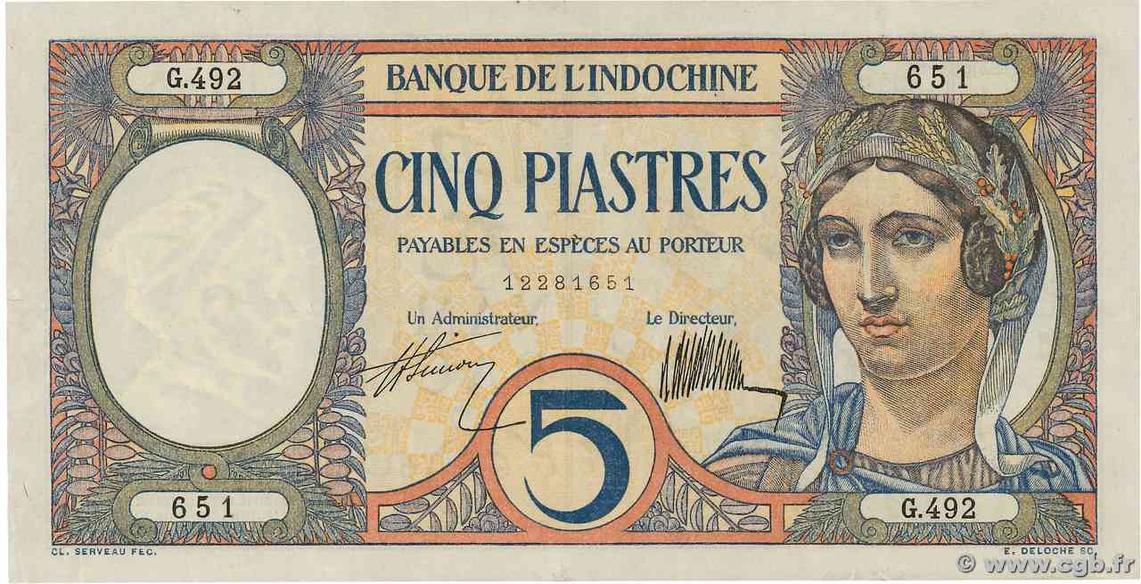 5 Piastres INDOCHINE FRANÇAISE  1927 P.049b SUP+