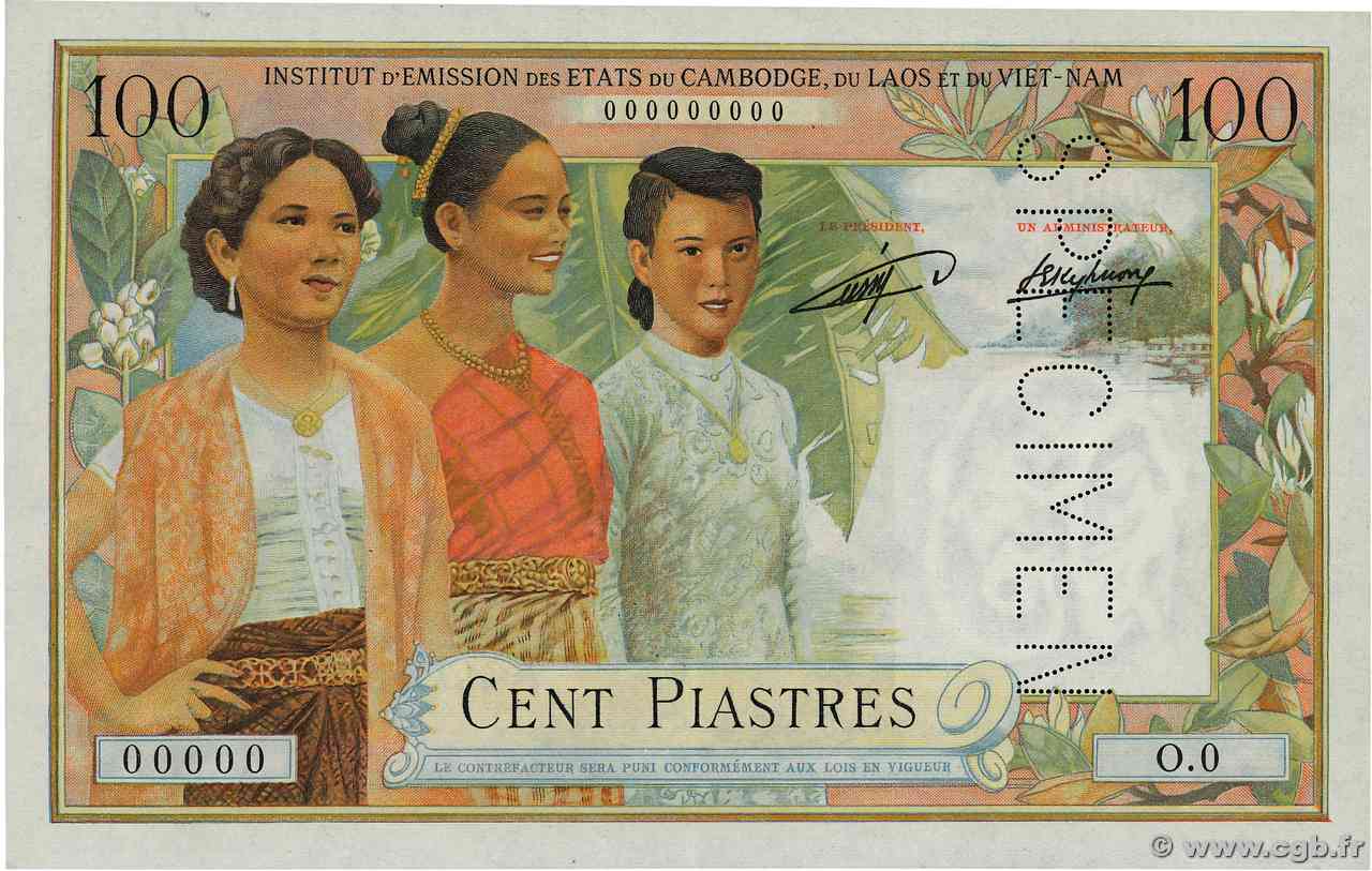 100 Piastres - 100 Kip Spécimen INDOCINA FRANCESE  1954 P.103s AU