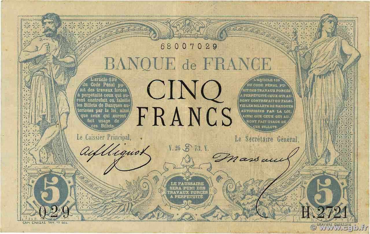 5 Francs NOIR FRANCE  1873 F.01.19 TTB+