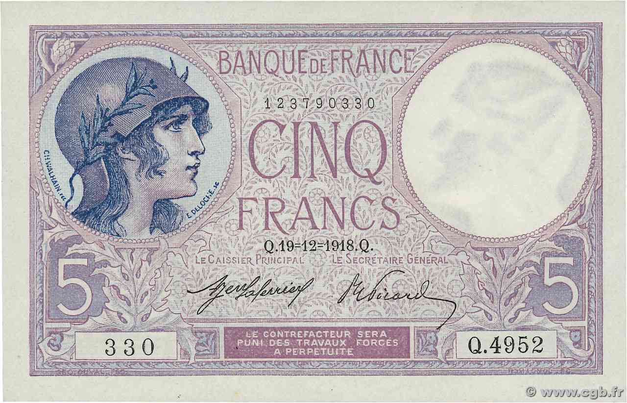 5 Francs FEMME CASQUÉE FRANCE  1918 F.03.02a AU