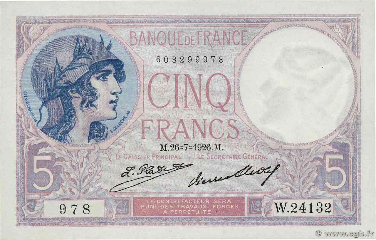5 Francs FEMME CASQUÉE FRANCE  1926 F.03.10 UNC