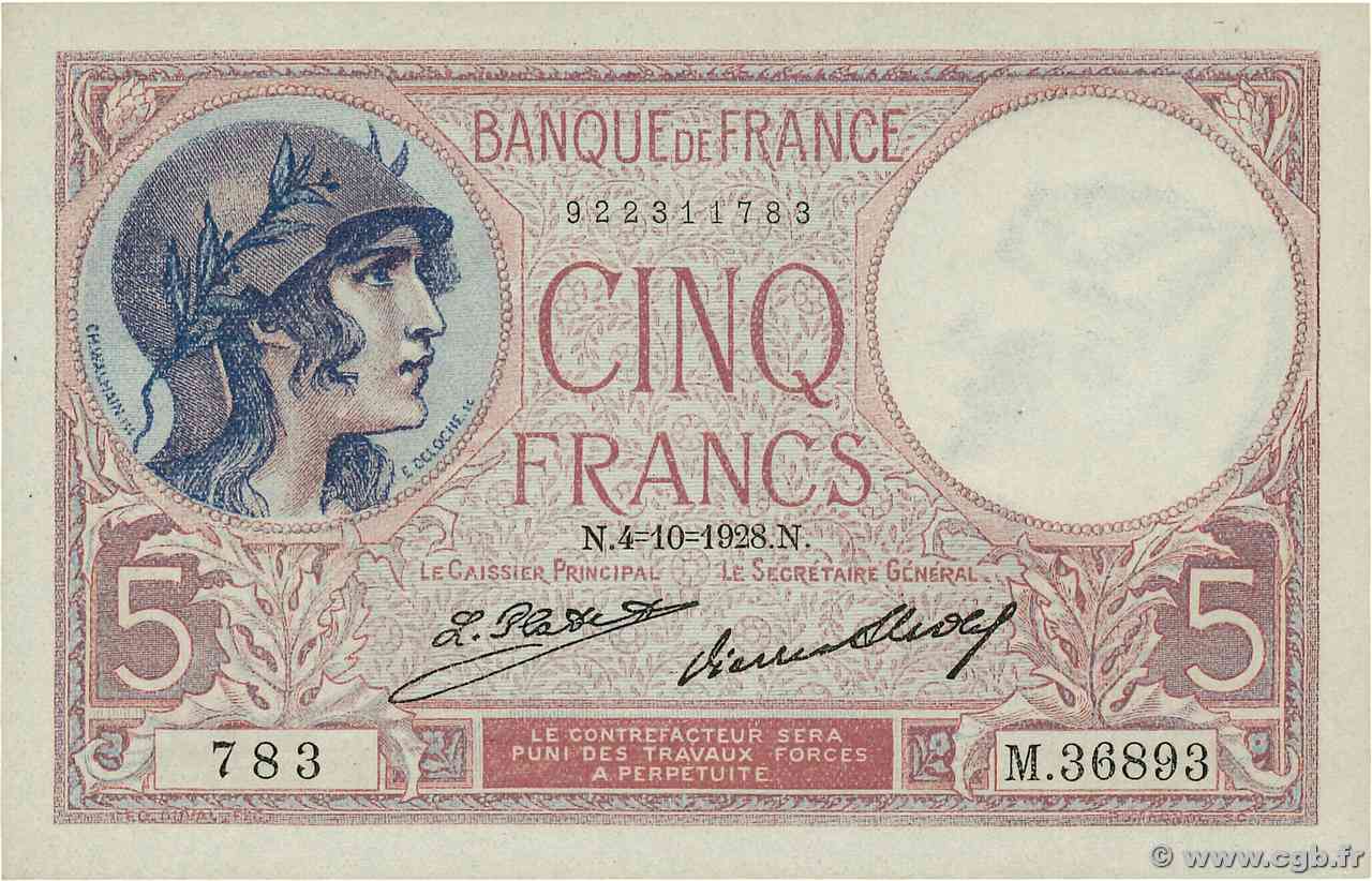 5 Francs FEMME CASQUÉE FRANCE  1928 F.03.12 UNC-