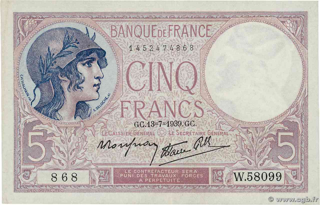 5 Francs FEMME CASQUÉE modifié FRANCE  1939 F.04.01 SUP+
