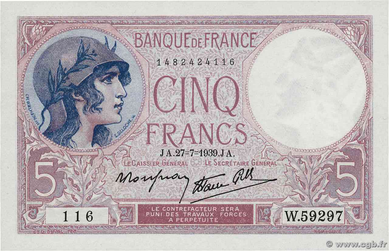5 Francs FEMME CASQUÉE modifié FRANCE  1939 F.04.03 SPL