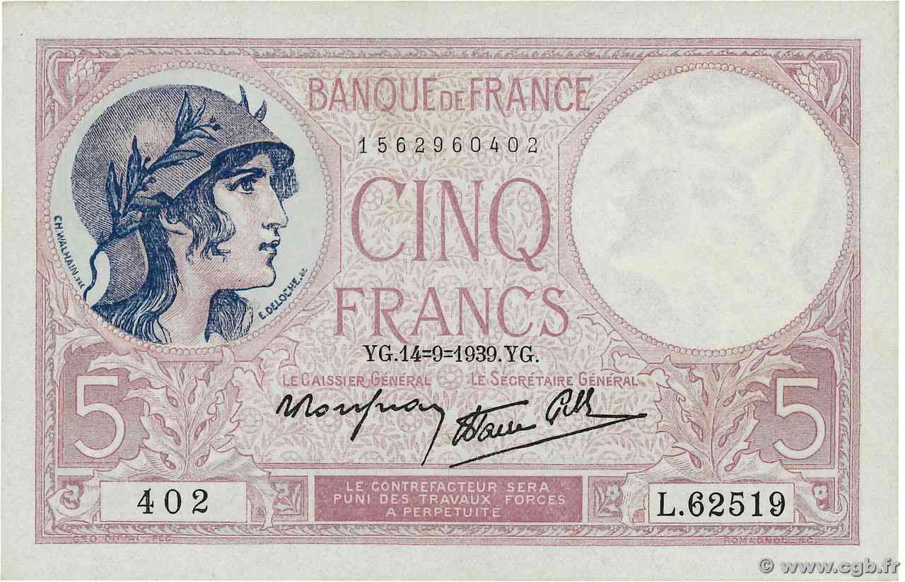 5 Francs FEMME CASQUÉE modifié FRANCE  1939 F.04.08 AU