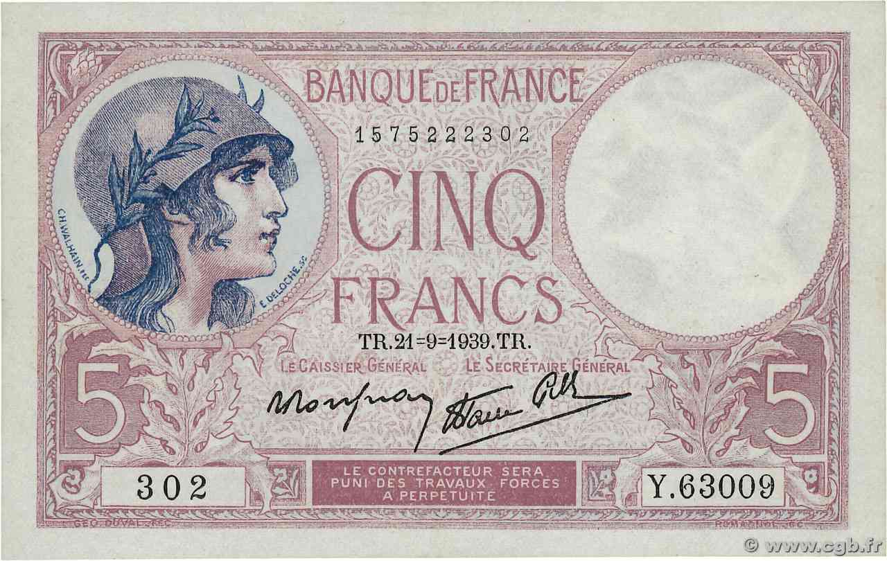 5 Francs FEMME CASQUÉE modifié FRANCIA  1939 F.04.09 AU+