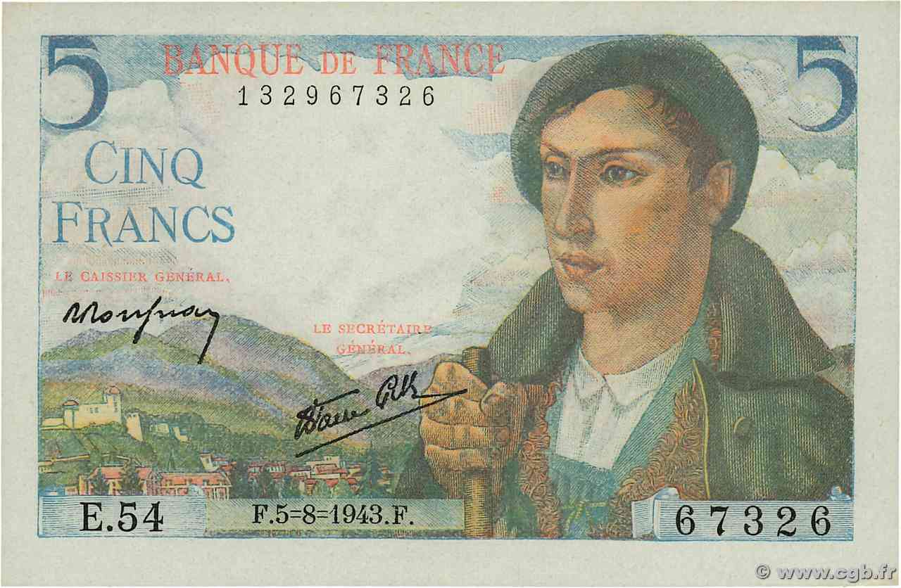 5 Francs BERGER FRANCE  1943 F.05.03 UNC