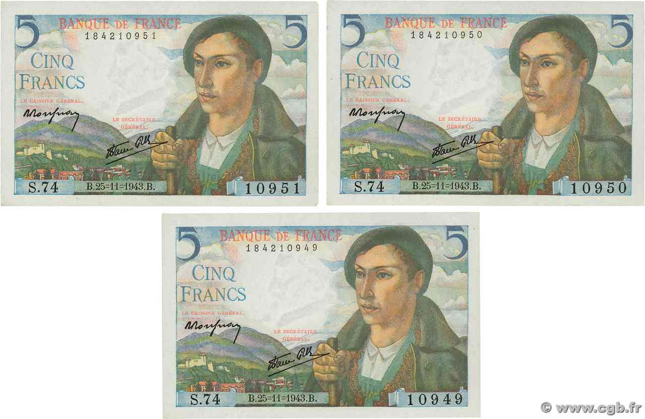 5 Francs BERGER Consécutifs FRANCIA  1943 F.05.04 FDC