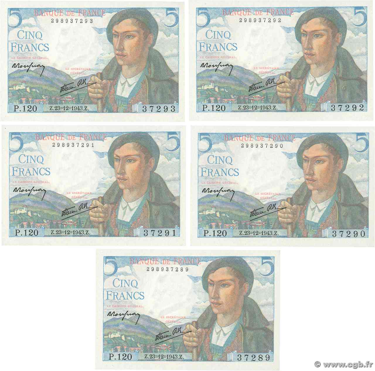 5 Francs BERGER Consécutifs FRANCIA  1943 F.05.05 FDC