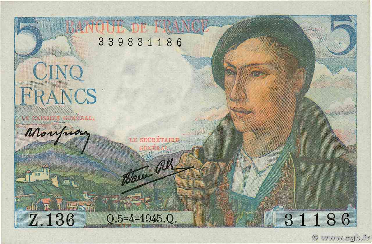 5 Francs BERGER FRANCE  1945 F.05.06 UNC