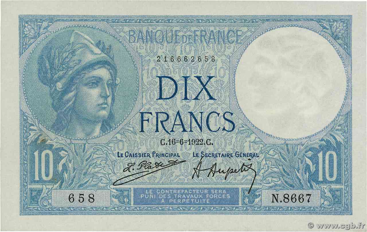 10 Francs MINERVE FRANCE  1922 F.06.06 AU