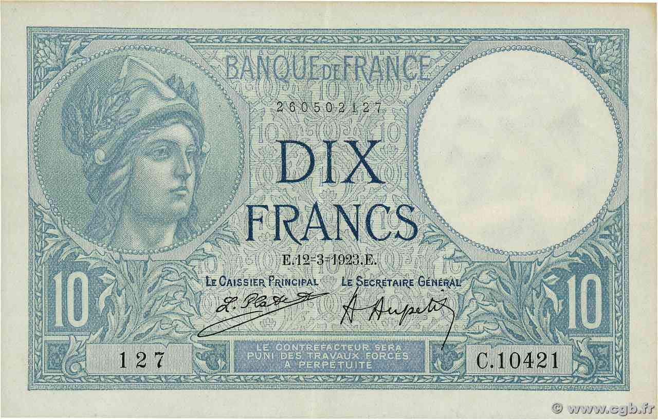 10 Francs MINERVE FRANCE  1923 F.06.07 XF+