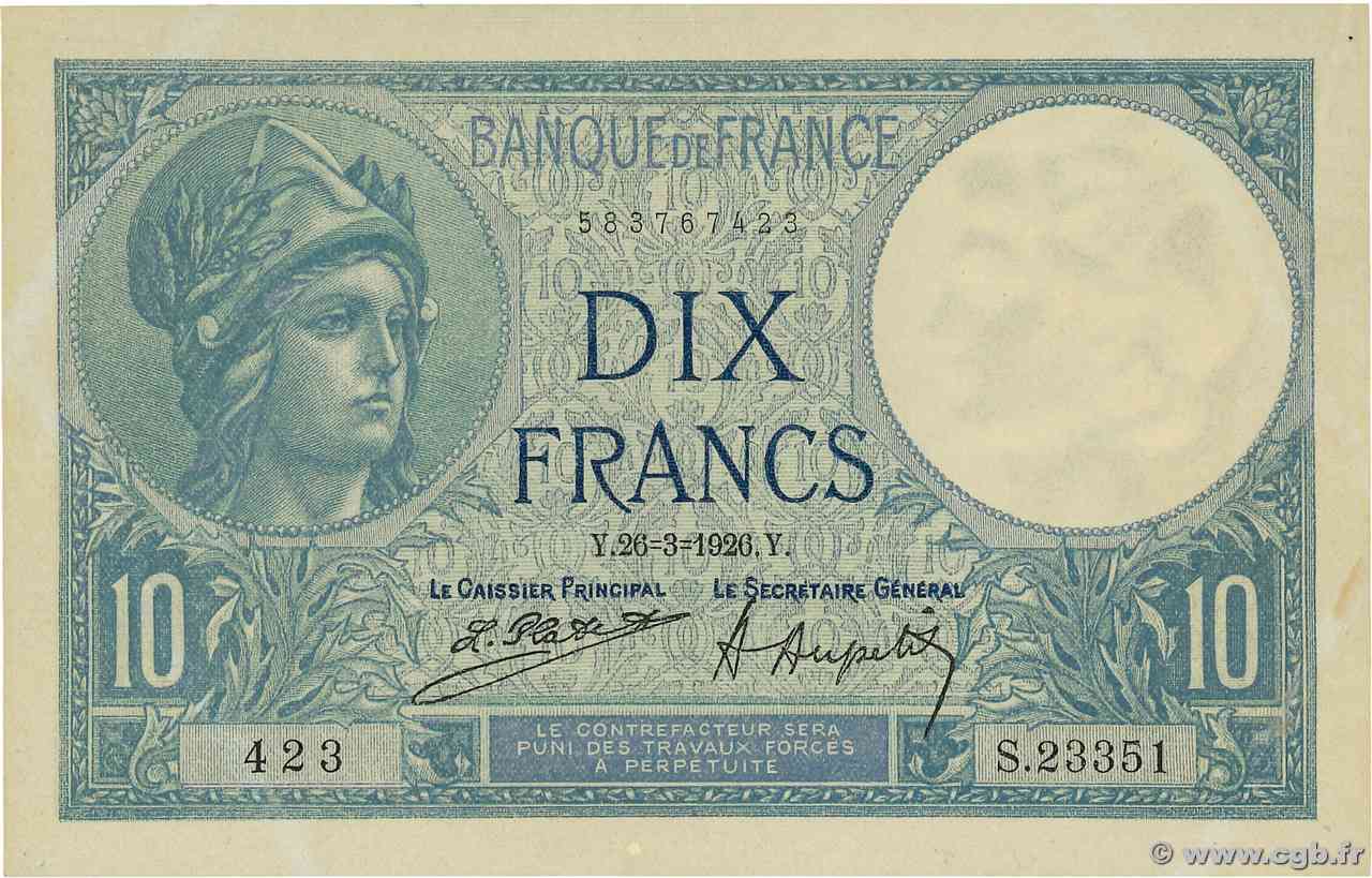 10 Francs MINERVE FRANCE  1926 F.06.10 UNC-