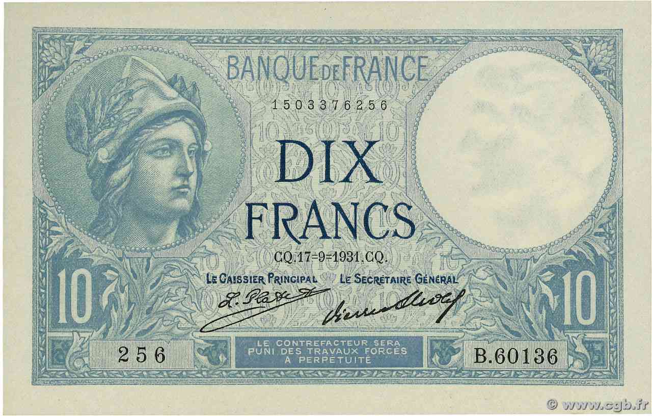 10 Francs MINERVE FRANCIA  1931 F.06.15 FDC