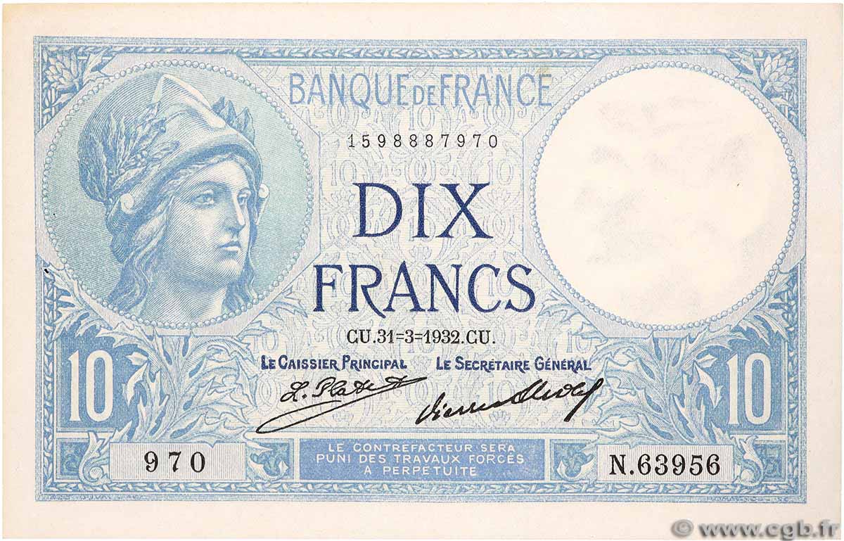 10 Francs MINERVE FRANCE  1932 F.06.16 XF