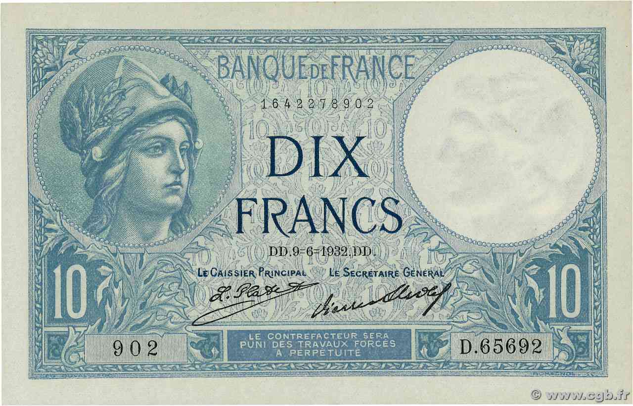 10 Francs MINERVE FRANCIA  1932 F.06.16 FDC