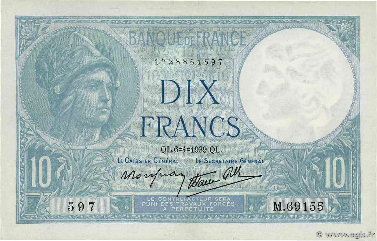 10 Francs MINERVE modifié FRANCIA  1939 F.07.02 q.FDC