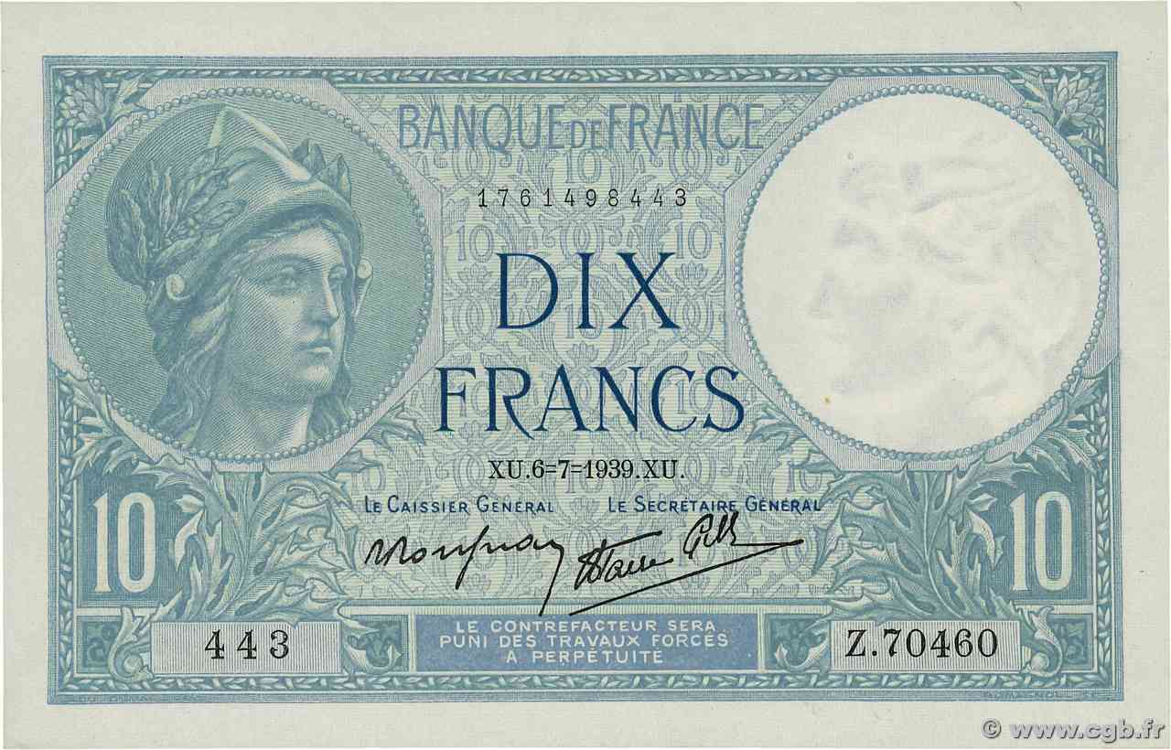 10 Francs MINERVE modifié FRANCE  1939 F.07.04 pr.NEUF