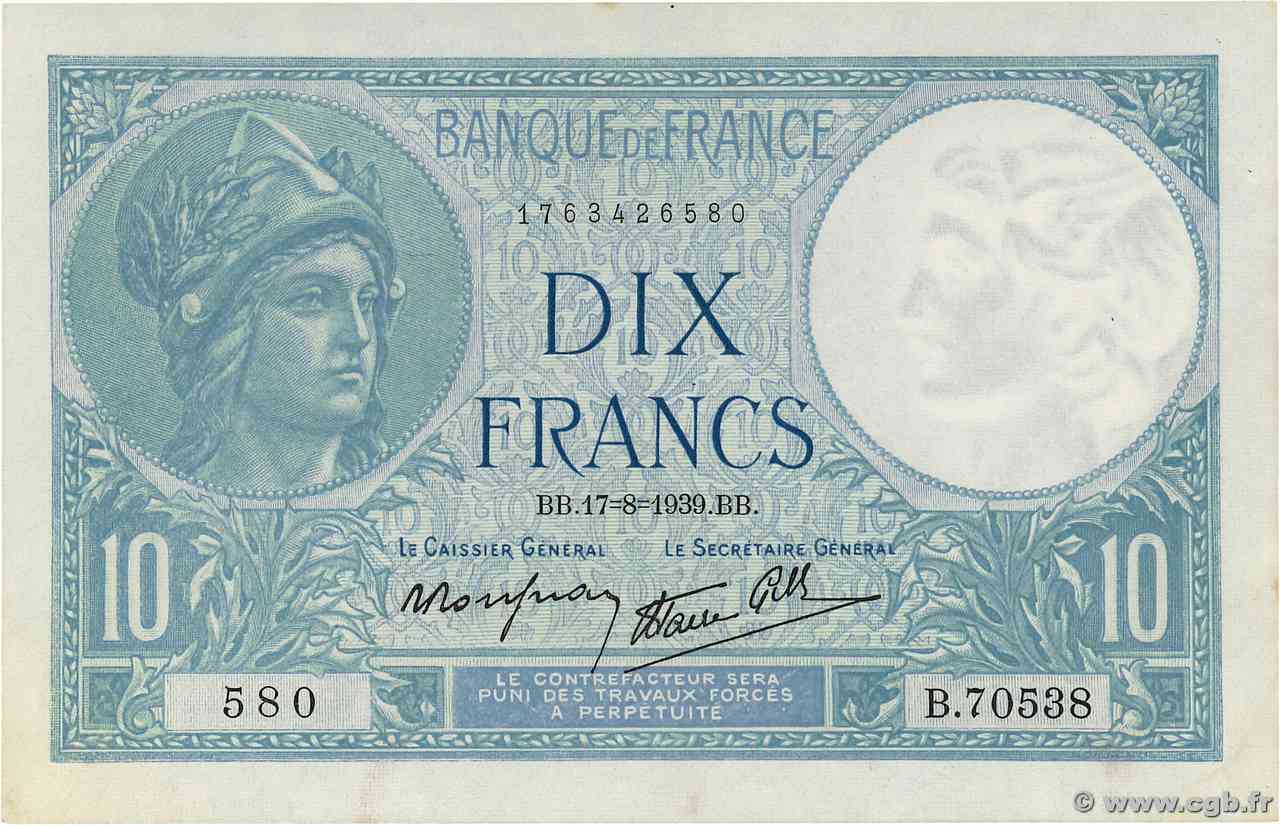 10 Francs MINERVE modifié FRANCIA  1939 F.07.05 q.FDC