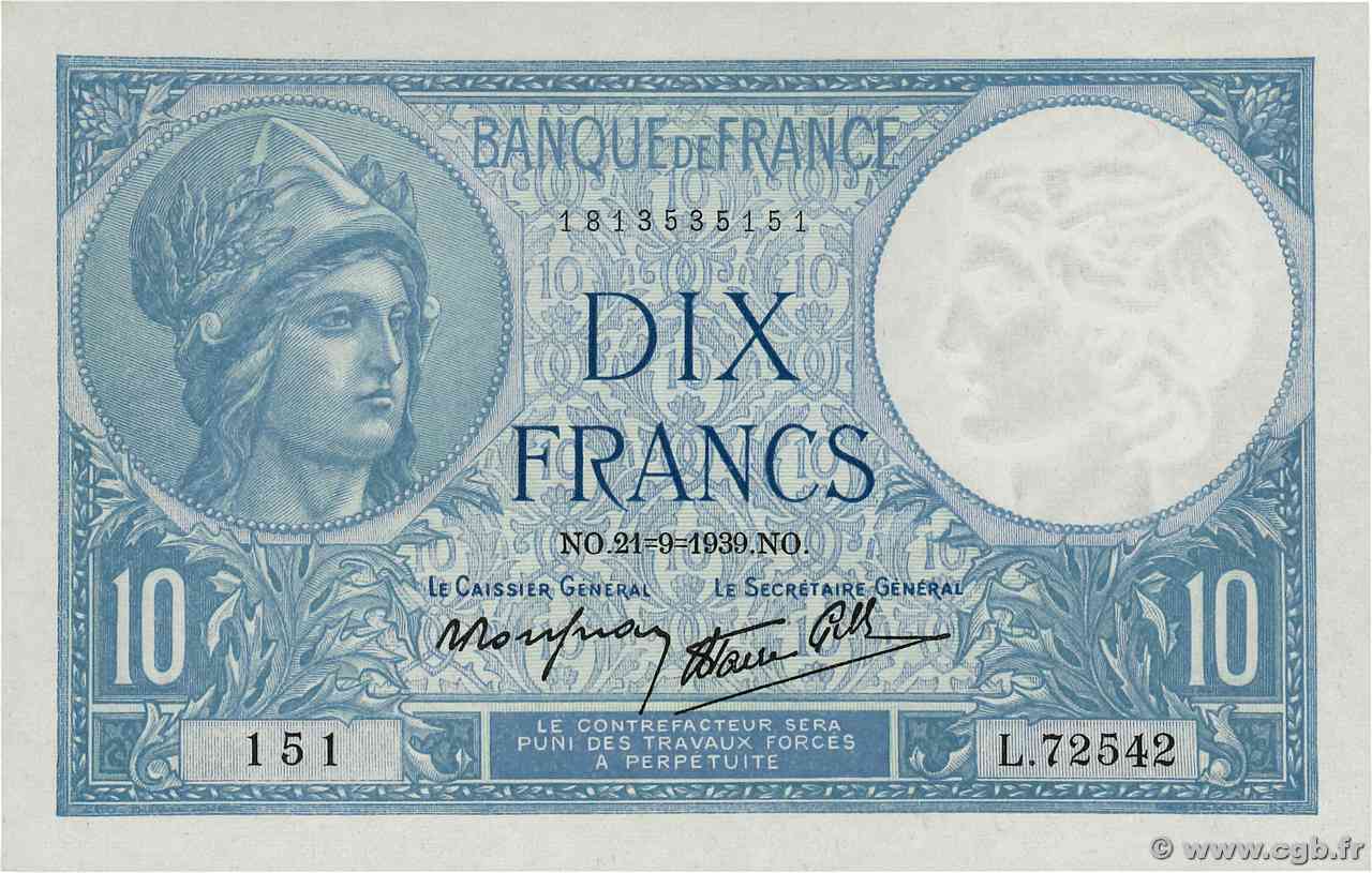 10 Francs MINERVE modifié FRANCE  1939 F.07.08 UNC