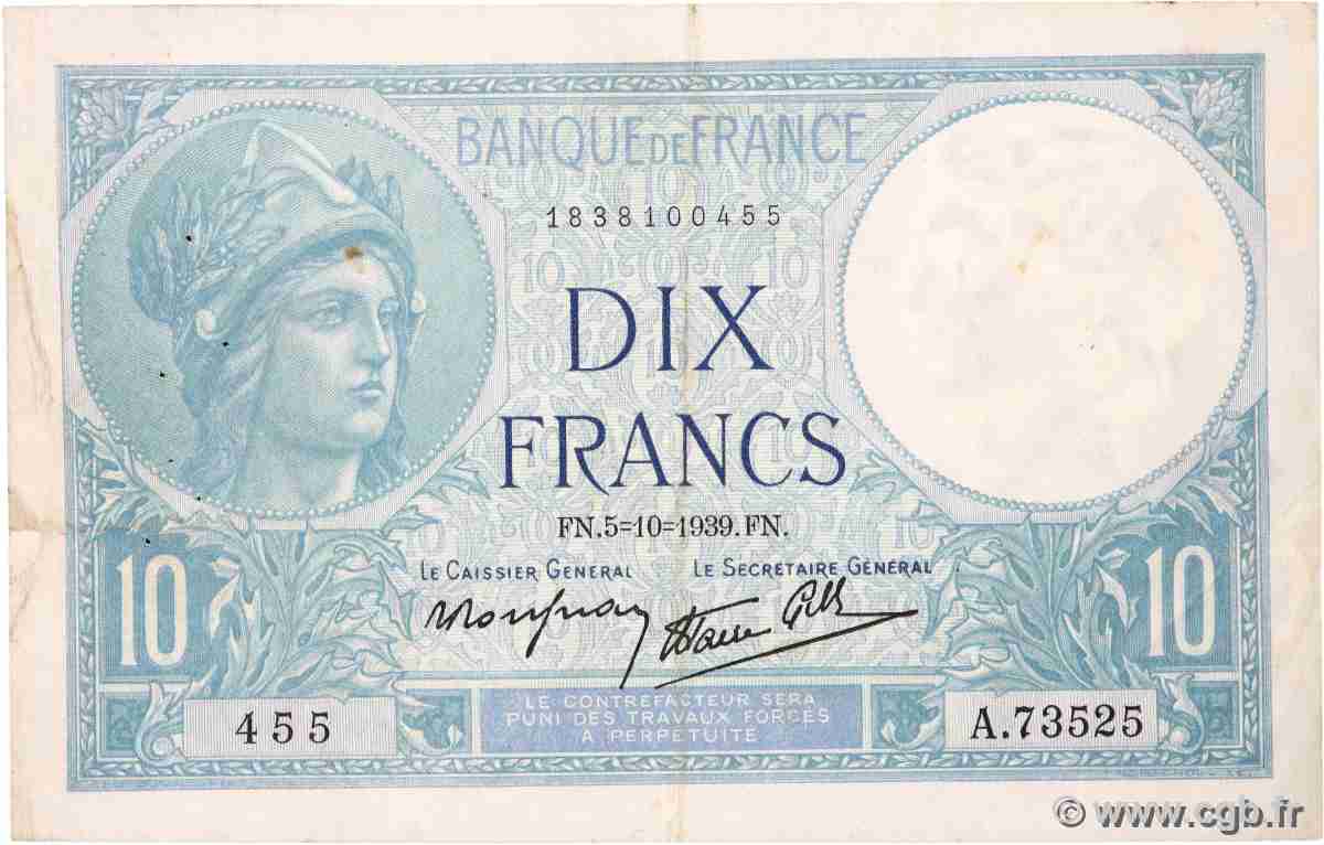 10 Francs MINERVE modifié FRANCIA  1939 F.07.10 BB