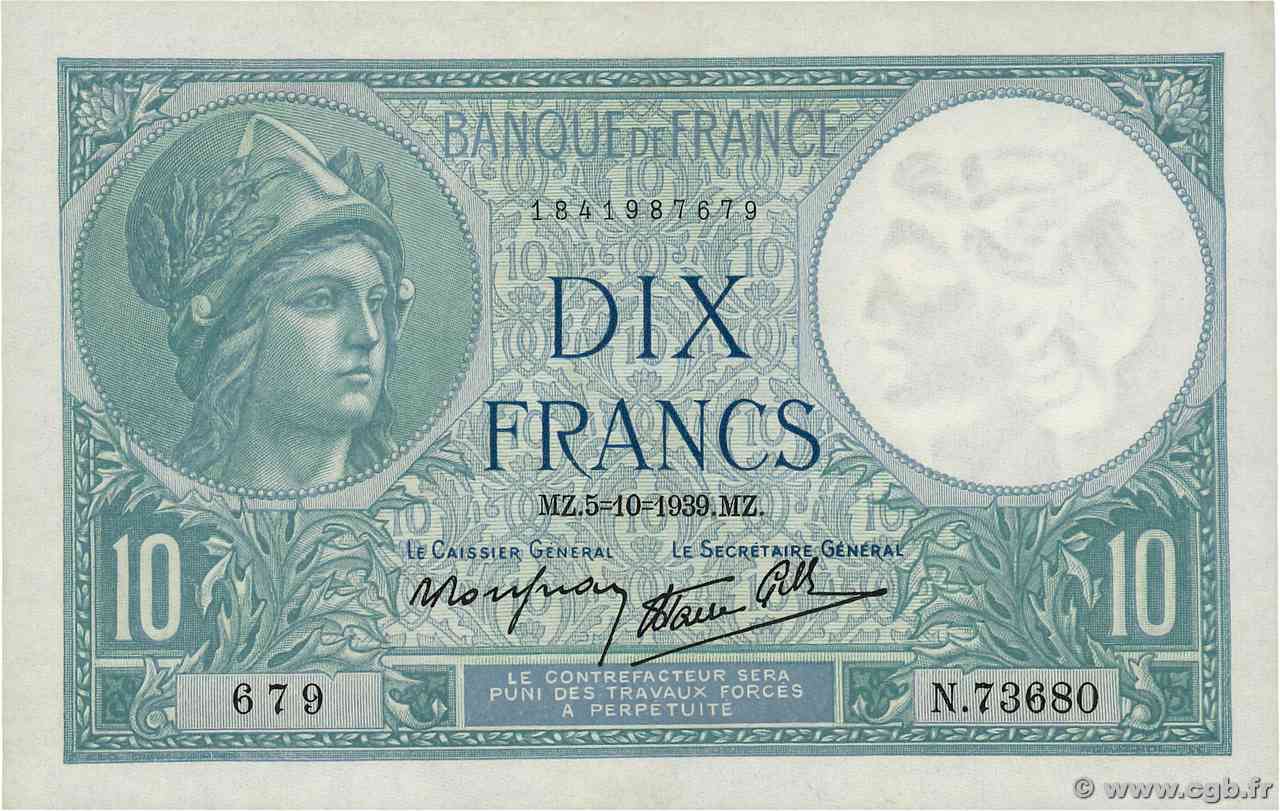 10 Francs MINERVE modifié FRANCIA  1939 F.07.10 FDC