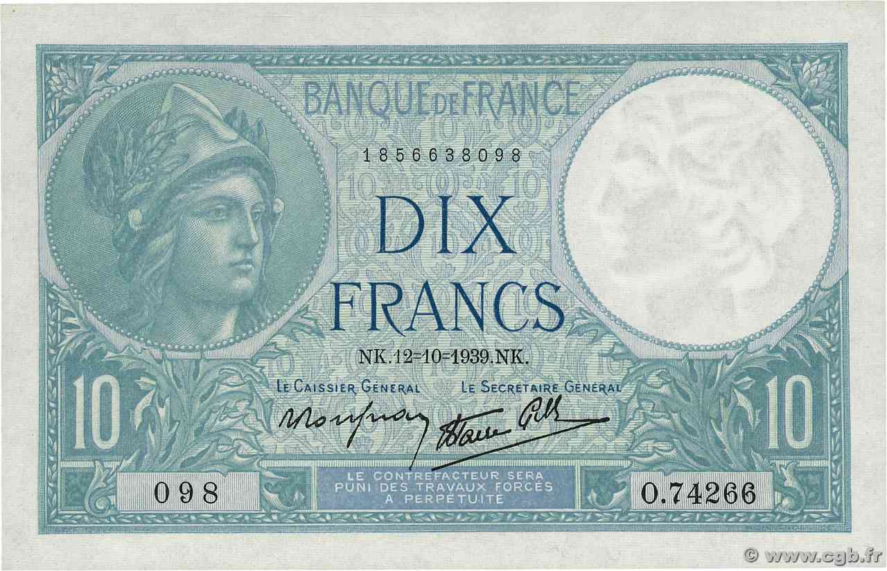 10 Francs MINERVE modifié FRANCIA  1939 F.07.11 FDC