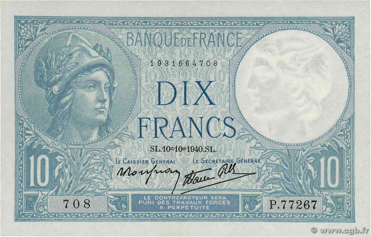 10 Francs MINERVE modifié FRANCE  1940 F.07.16 UNC-