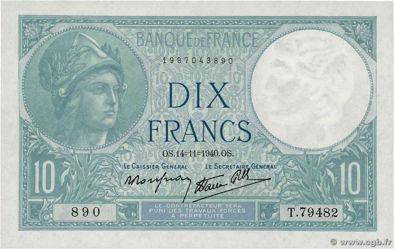 10 Francs MINERVE modifié FRANCIA  1940 F.07.20 FDC