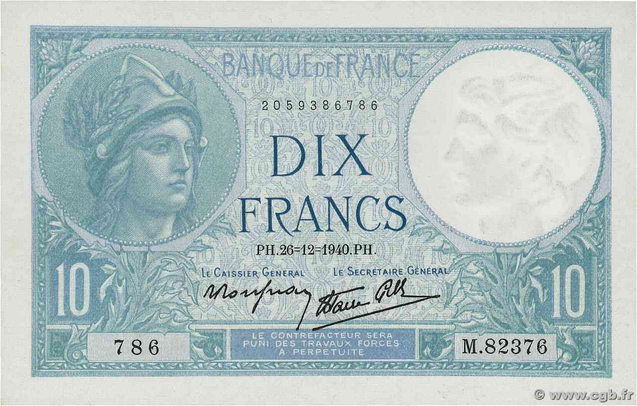 10 Francs MINERVE modifié FRANCIA  1940 F.07.25 FDC