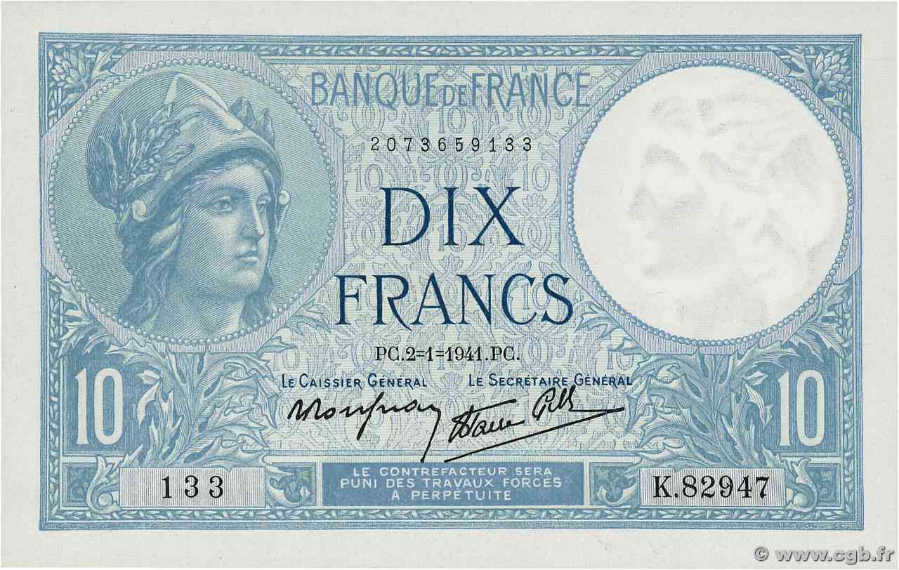 10 Francs MINERVE modifié FRANCIA  1941 F.07.26 FDC