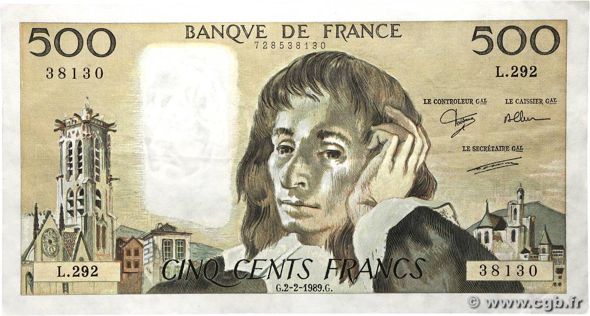 500 Francs PASCAL FRANCE  1989 F.71.40 TTB+