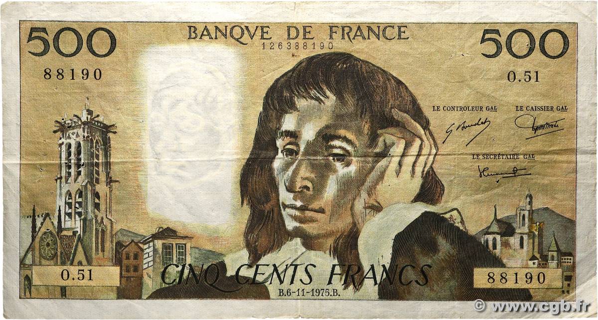 500 Francs PASCAL FRANCE  1975 F.71.13 TB