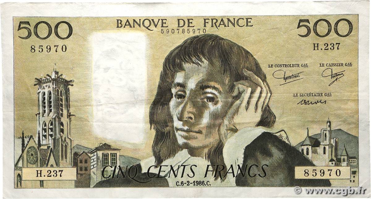500 Francs PASCAL FRANCE  1986 F.71.34 TTB