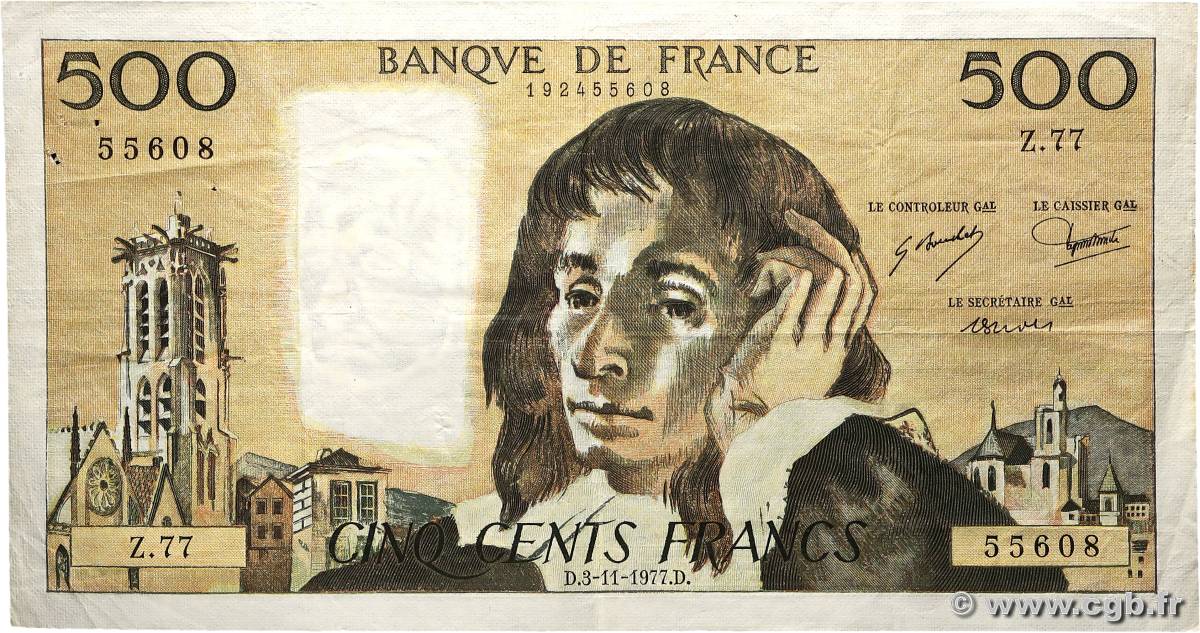 500 Francs PASCAL FRANCE  1977 F.71.17 TB+