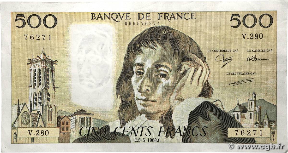 500 Francs PASCAL FRANCE  1988 F.71.39 TTB+