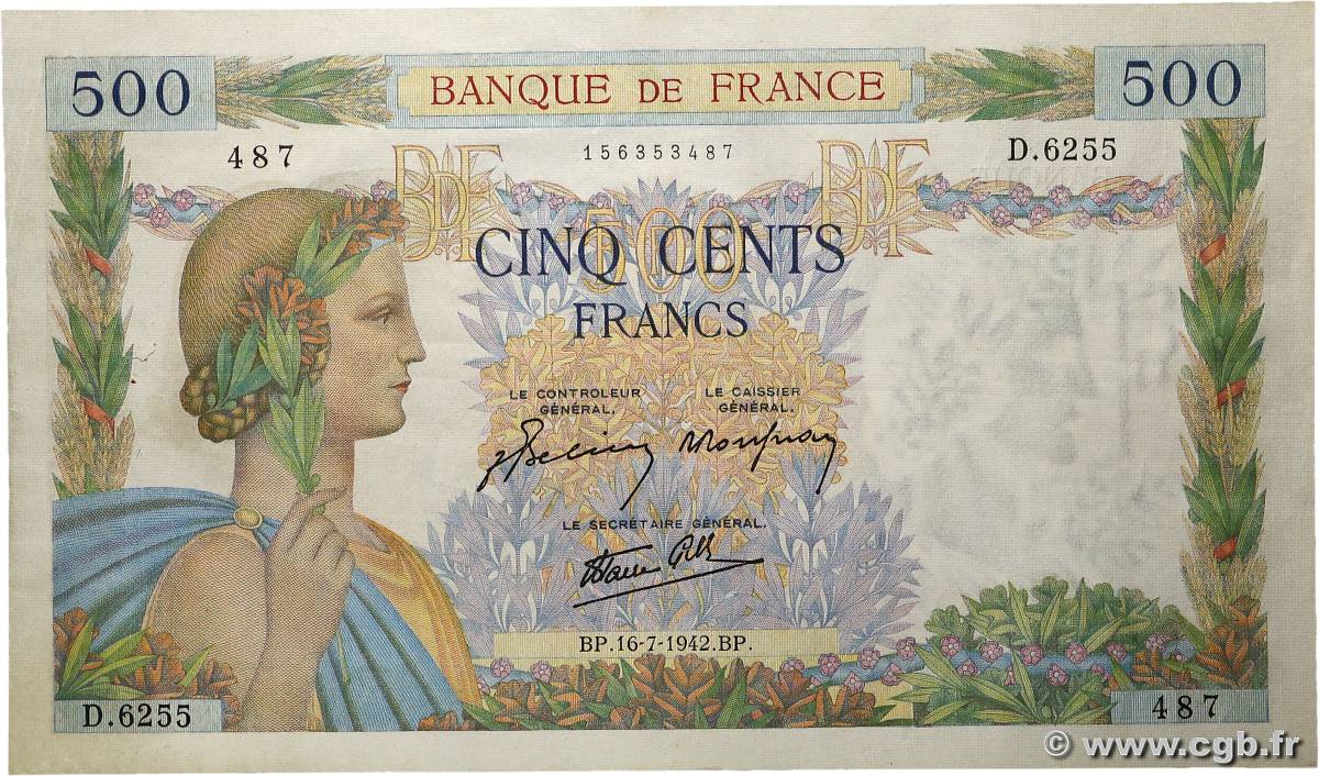 500 Francs LA PAIX FRANCE  1942 F.32.37 TTB+