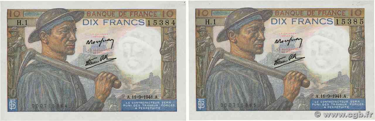 10 Francs MINEUR Consécutifs FRANCE  1941 F.08.01 AU