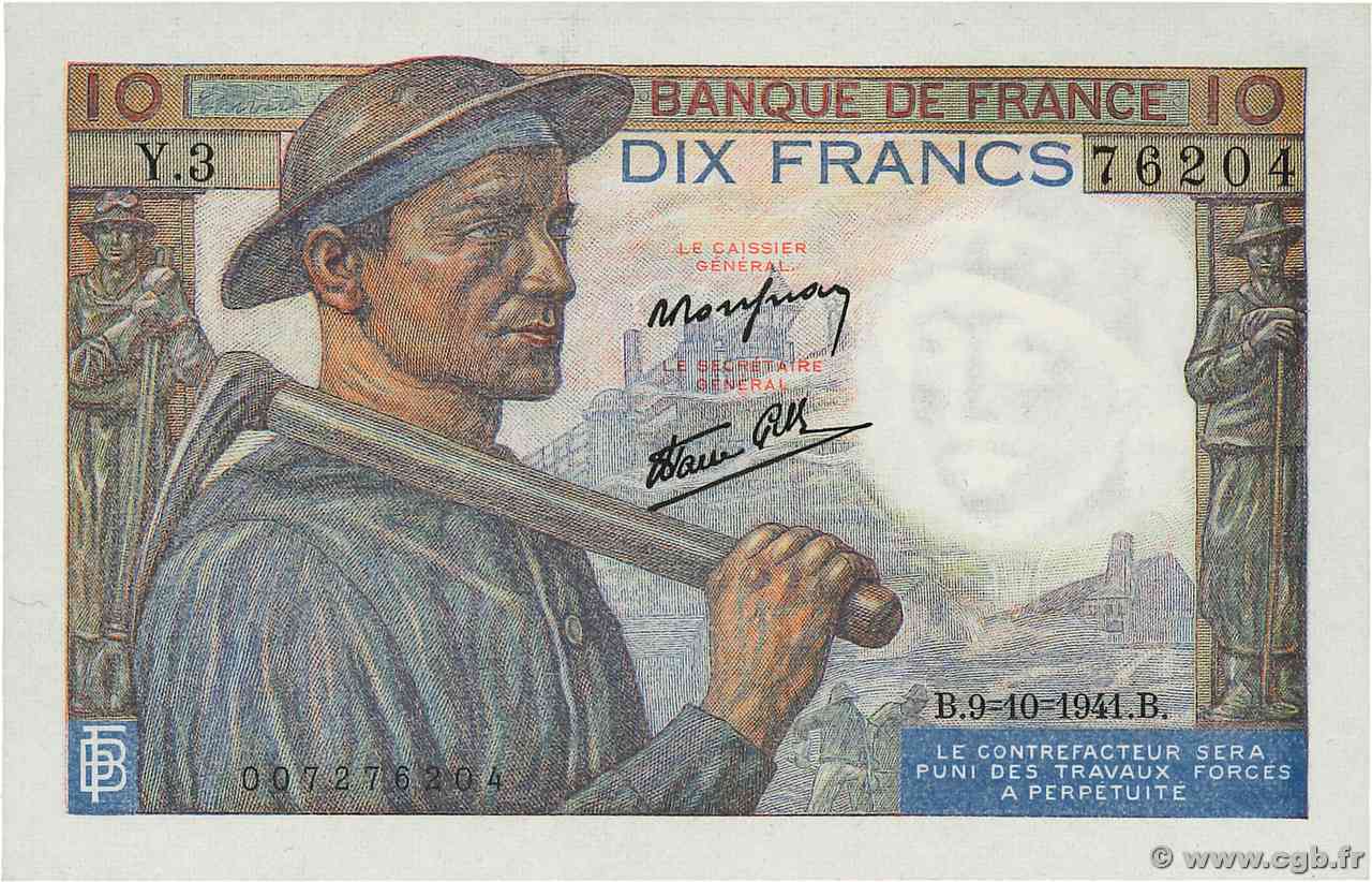 10 Francs MINEUR FRANCE  1941 F.08.02 AU+