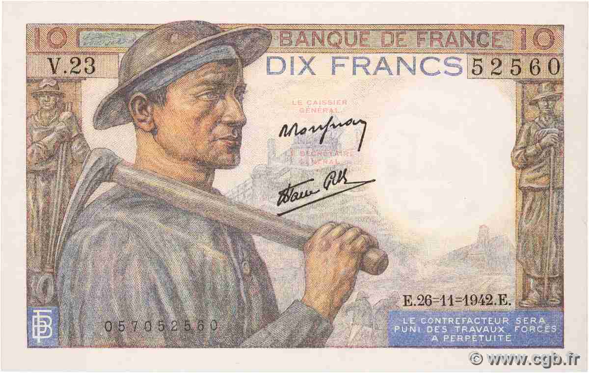 10 Francs MINEUR FRANCE  1942 F.08.06 SPL