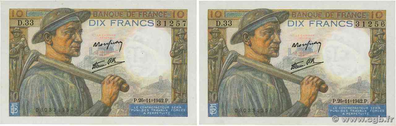 10 Francs MINEUR Consécutifs FRANCIA  1942 F.08.06 FDC