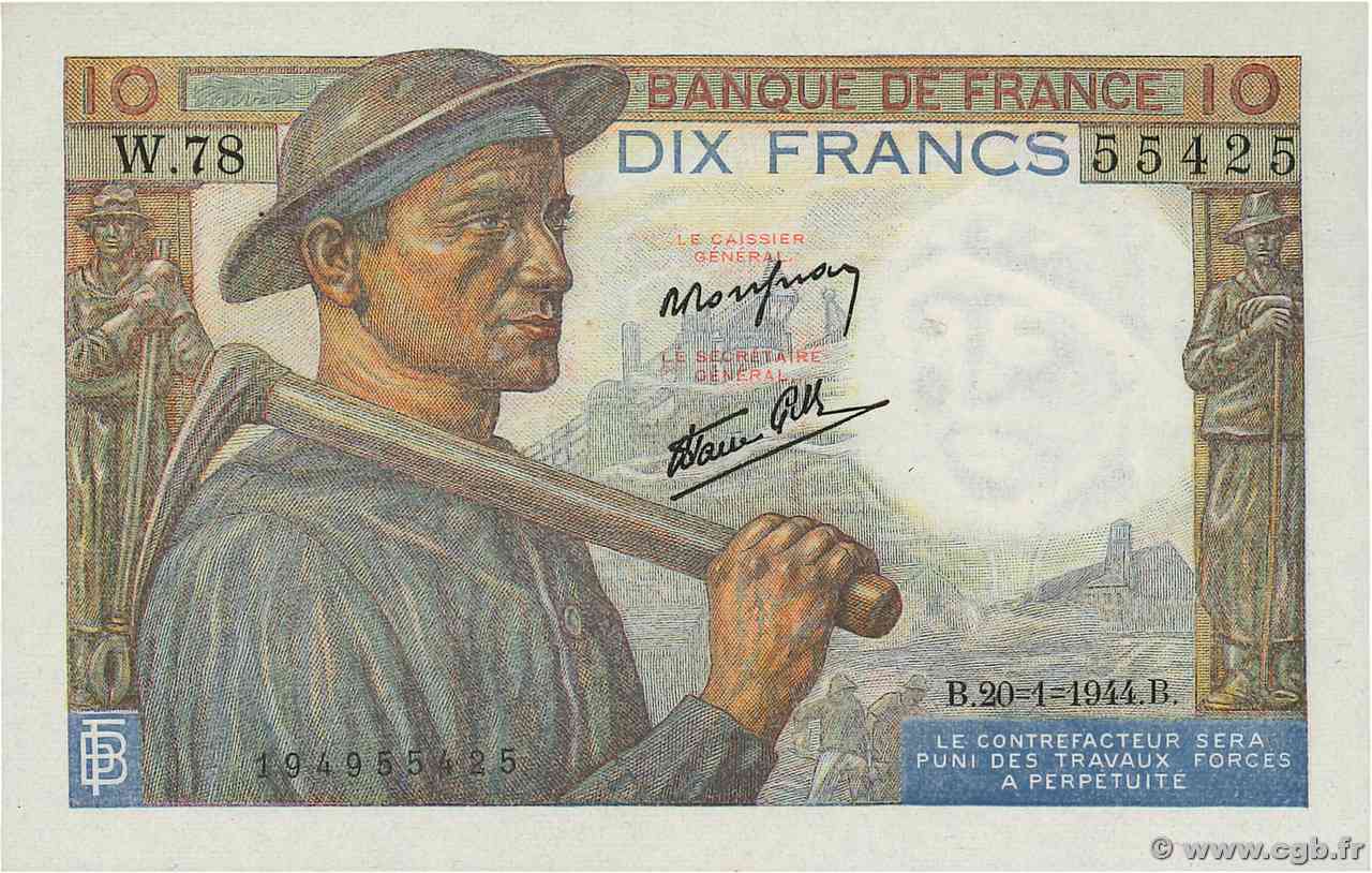 10 Francs MINEUR FRANCE  1944 F.08.11 NEUF