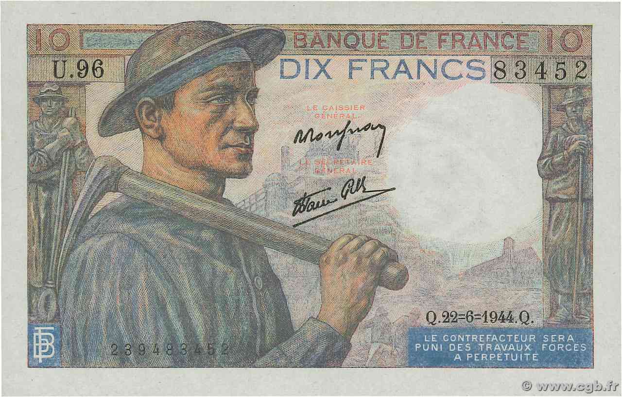 10 Francs MINEUR FRANCE  1944 F.08.12 UNC-