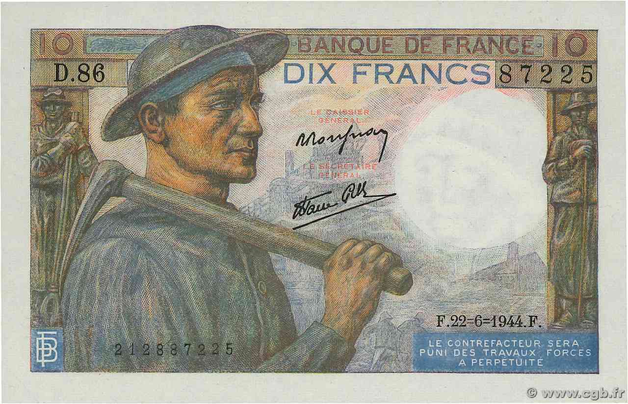 10 Francs MINEUR FRANCE  1944 F.08.12 UNC-