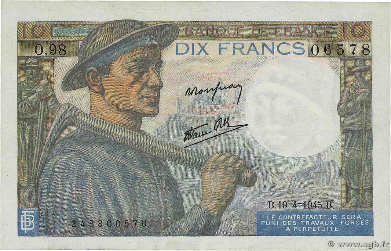 10 Francs MINEUR FRANCE  1945 F.08.13 AU-