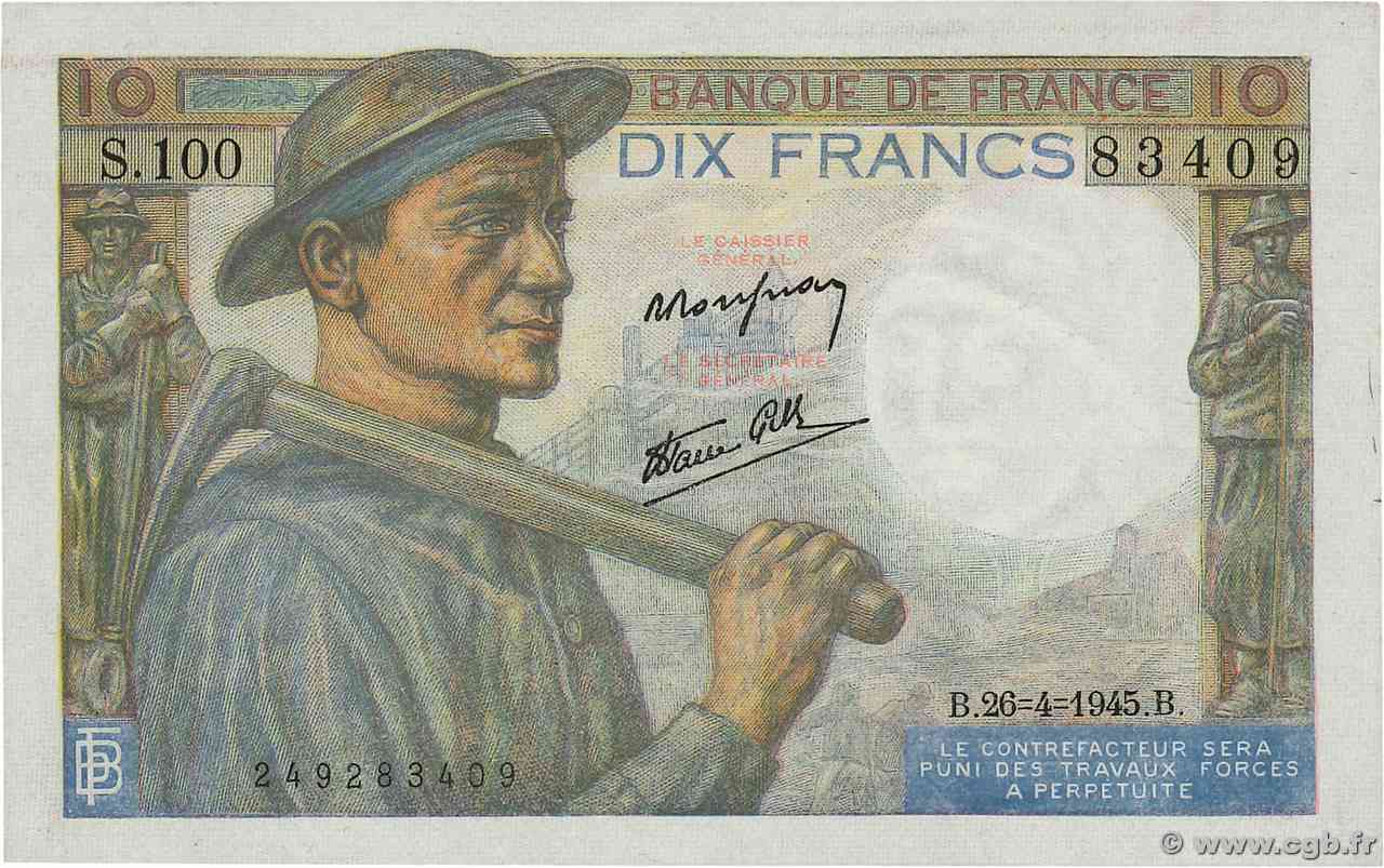 10 Francs MINEUR FRANCIA  1945 F.08.14 q.FDC