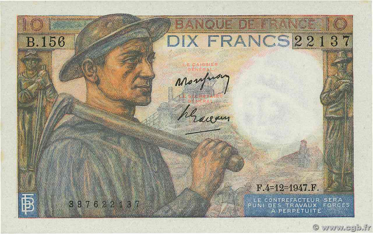 10 Francs MINEUR FRANCIA  1947 F.08.19 FDC