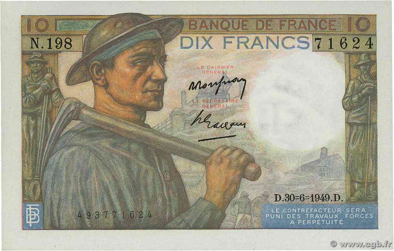 10 Francs MINEUR FRANCE  1949 F.08.22 UNC-