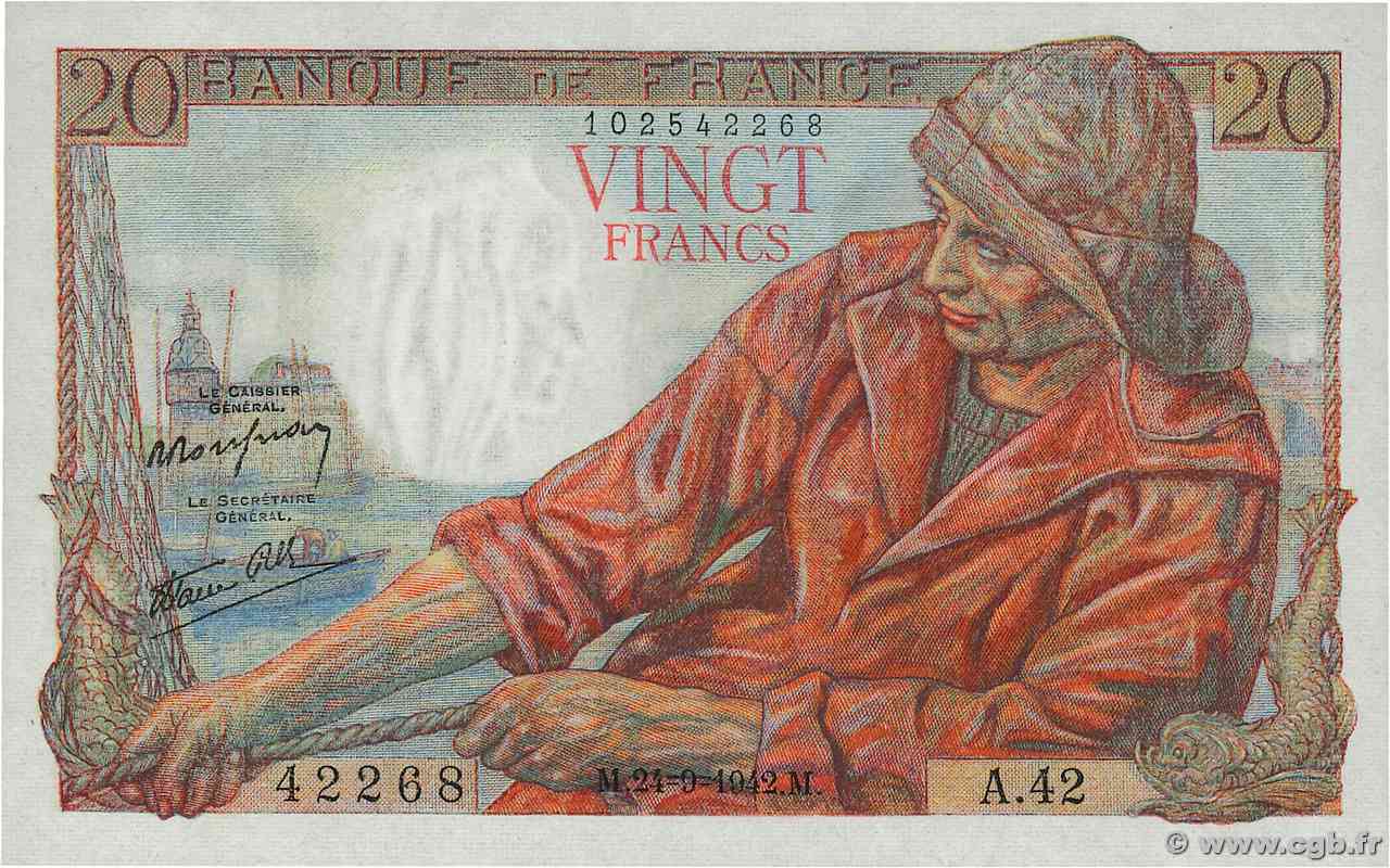 20 Francs PÊCHEUR FRANCIA  1942 F.13.03 FDC